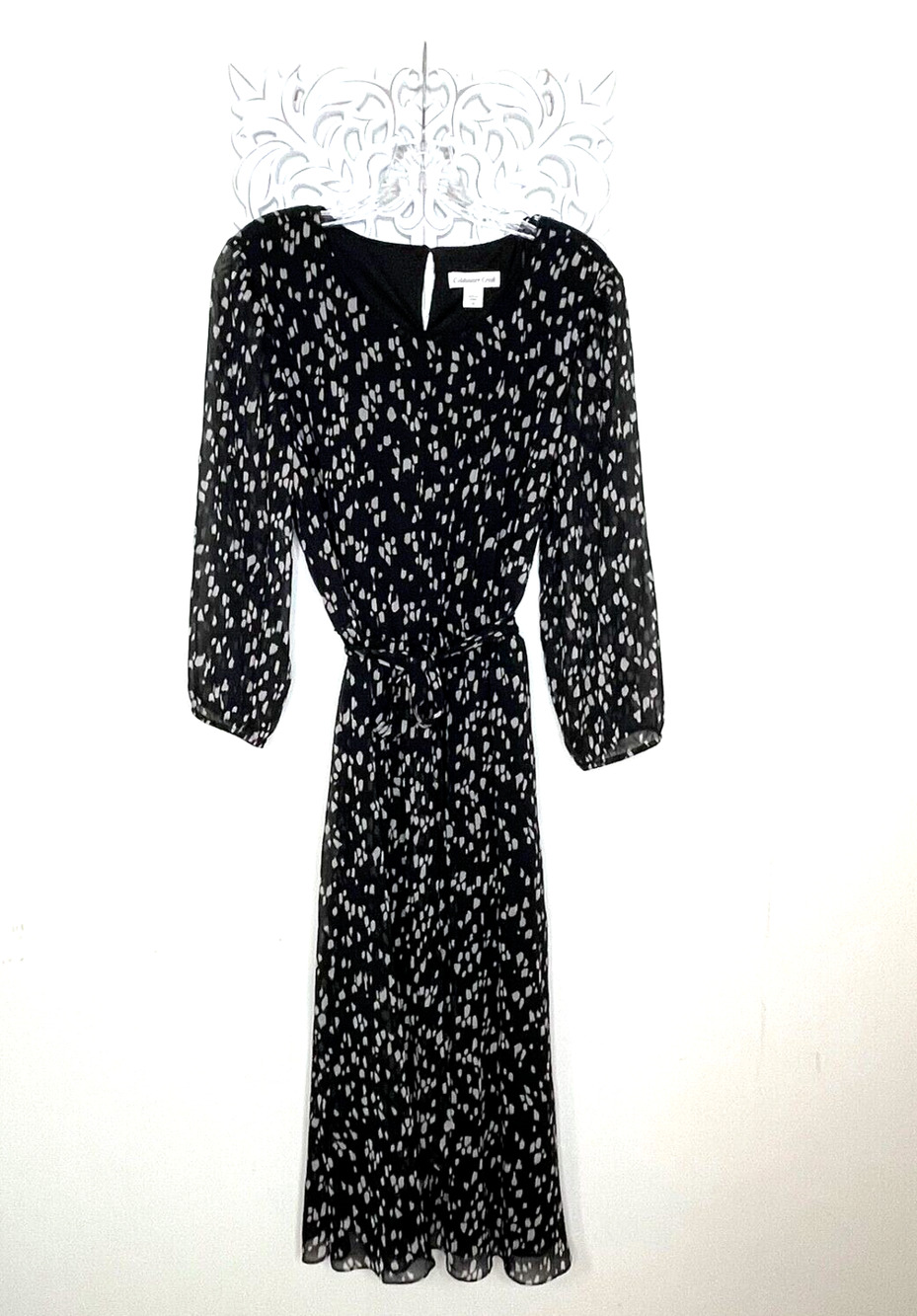 Coldwater Creek size 14 Chiffon Dress Lined 3/4 Sleeves Tie Belt BLACK TAN Print